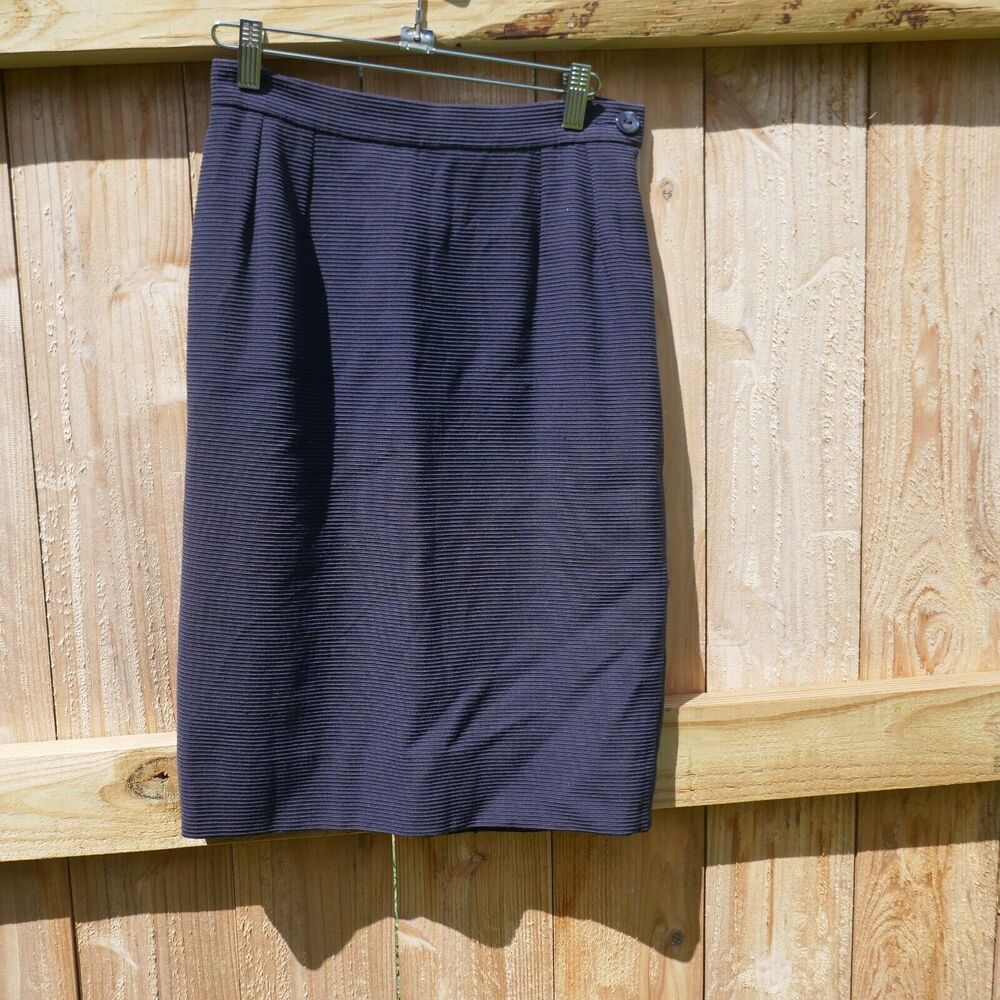 Yves Saint Laurent Pencil Skirt Ribbed Navy Blue 6 EU38 Wool Classic Career YSL